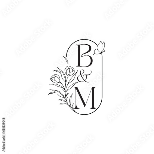 caligraphic style monogram luxury minimalist logo design BM wedding initial concept alphabet letter