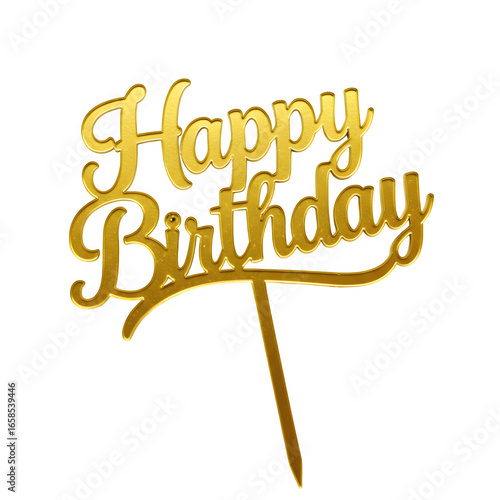 Golden happy birthday cake topper isolated on white or transparent background. PNG