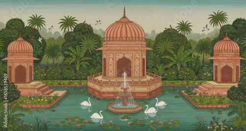 Classic Mughal miniature style vector mural with swans, water lilies, lake, and ornate dome temple architecture, wall art illustration for decoration