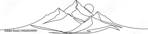 continuous single line drawing of sunset in mountains, line art vector illustration