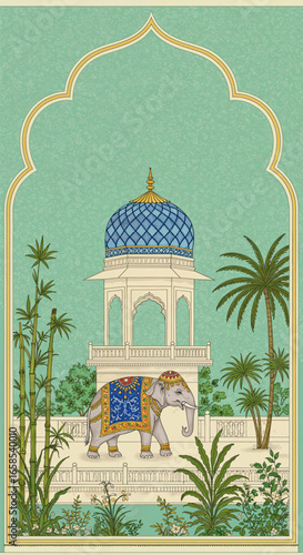 Vintage Indian Mughal wedding invitation vector design with decorated elephant, dome, and botanical trees, ornate heritage artwork for ceremony decor