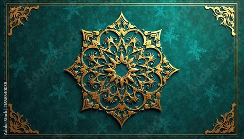 Golden mandala pattern on deep teal background Elegant Islamic luxury aesthetic , template, muslim, illustration