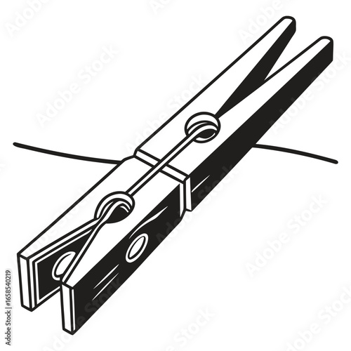 Isolated drawing of a clothespin and scissors, metal work tools on a rope