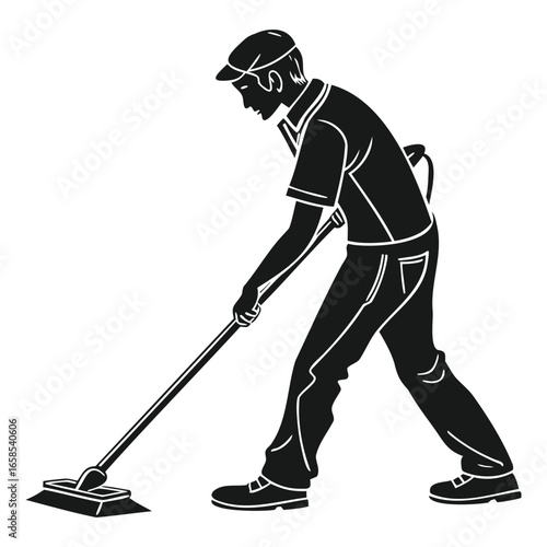 Silhouette of a worker cleaning floor with mop