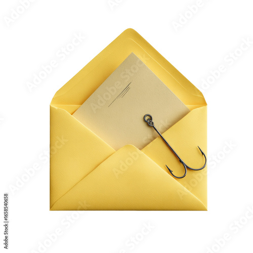 A muted yellow envelope holds a beige sheet of paper and a small fishing hook