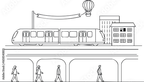 Elevated train with pedestrians and hot air balloon cityscape minimalist vector illustration 
