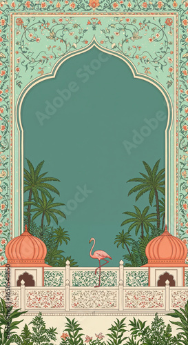 Classic Indian Mughal wedding ceremony card vector with dome, tropical trees, and flamingo artwork, ornate invitation design for royal heritage decor