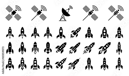 Black Silhouette Icons of Satellites and Various Rocket Ships on White Background spaceship