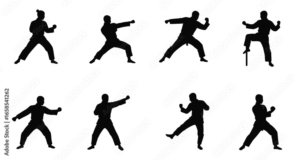 Fototapeta premium Silhouettes of a man performing various martial arts moves and stances in black