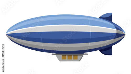 Blue and silver zeppelin airship vector illustration isolated on white background depicting vintage air travel and transportation design for various creative projects