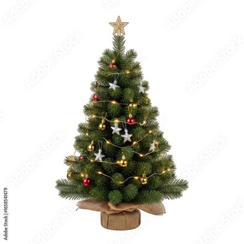 Small christmas tree with star and ornaments isolated on transparent background