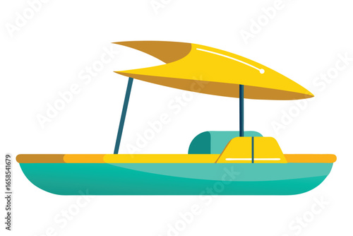 Flat design paddle boat icon in aqua and yellow colors with unique sunshade ideal for summer holiday designs