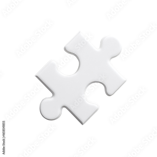 Isolated white puzzle piece on black background.  3D rendered, stylized, and slightly angled