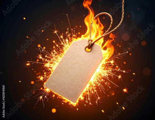 Fiery price tag with flames and sparks, perfect for sales promotion and special deals.