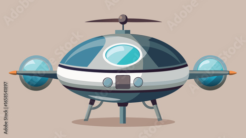 Futuristic spaceship flying saucer illustration with windows and a propeller on a light brown background suitable for various creative projects