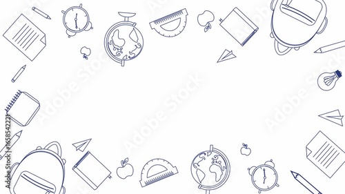 Back to school banner with frame of moving objects in style of line art. Educational element with space for text on white background. 4K, footage. Animation of backpack, globe and school supplies. 