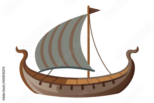 Isolated cartoon viking ship icon illustration with detailed mast and sail ancient scandinavian boat symbol on white