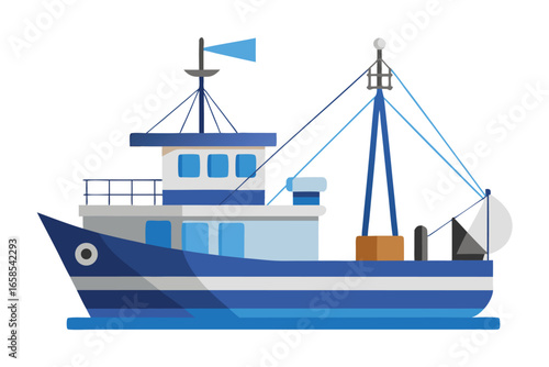 Isolated commercial fishing trawler boat illustration graphic representation for mariners and marine industry depicting naval vessel for fishery operations and seafood providers