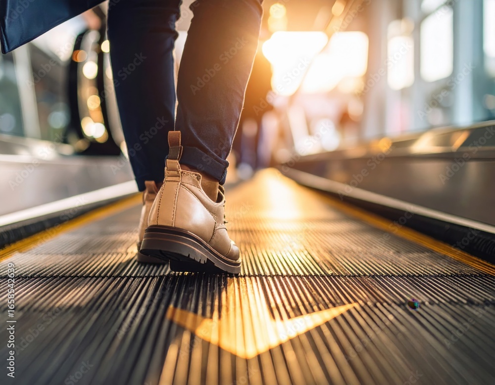 Fototapeta premium Person's feet on an escalator with warm sunlight, capturing a moment of travel.
