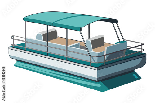 Isolated pontoon boat illustration for recreational watersports vacation and leisure cruising with turquoise canopy stylish seating and silver railings for boating enthusiasts
