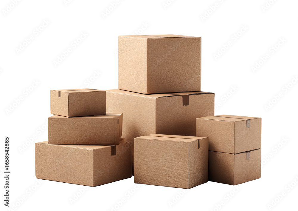 Fototapeta premium Stacked cardboard boxes of varying sizes. A collection of brown, 