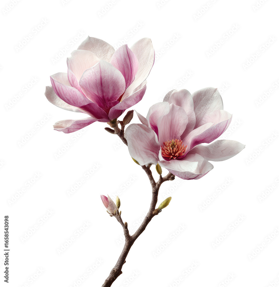 Naklejka premium Two delicate magnolia blossoms on a branch