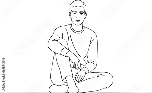 Sitting man tying shoelaces casual pose line art vector illustration 