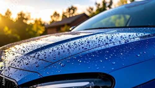 Close-up of blue car hood with water droplets on glossy surface.