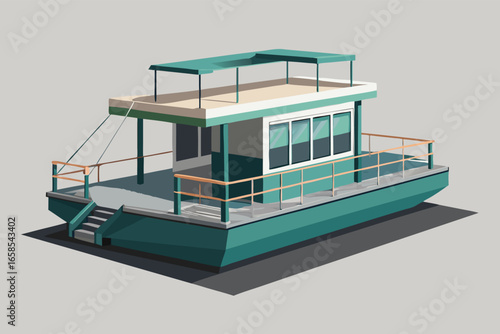 Low poly teal pontoon boat graphic illustration with tan railing and shaded details in flat design style perfect for summer themed designs