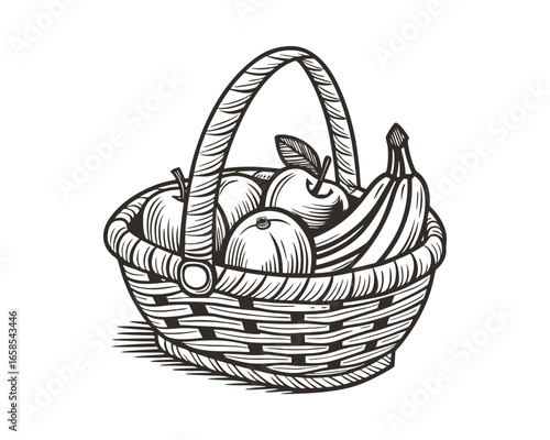Vintage-style, black and white line drawing of a wicker basket overflowing with apples and bananas
