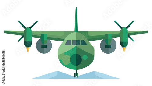 Military transport plane flat design camouflage green color landing gear extended propeller aircraft vector illustration graphic for design elements