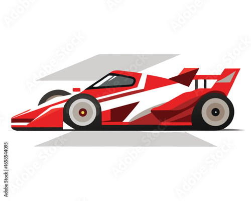 Red and white racing car vector illustration depicting speed,modern automotive design,sport vehicle with aerodynamic features and stylized graphic rendering on white background