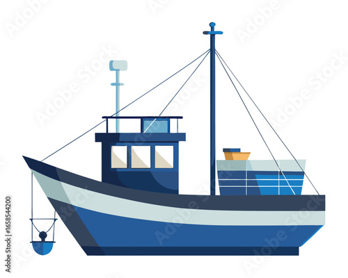 Simple flat vector illustration of a blue and white fishing boat with mast and gear for transporting fish or cargo