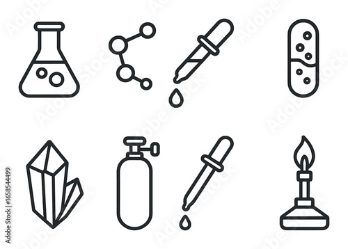 Lab equipment icons: beaker, molecule, dropper, test tube, crystal, gas cylinder, bunsen burner