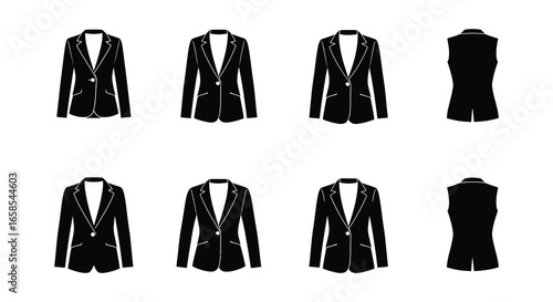 Collection of black tuxedo jackets in various views and styles