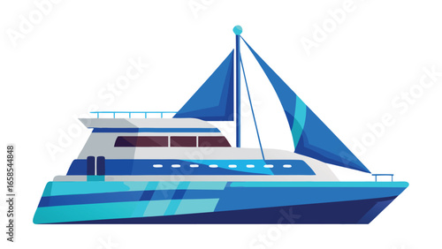Vector illustration of a modern blue and white sailboat isolated on a white background depicting marine lifestyle and nautical design