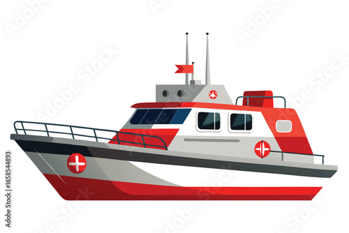 Vector illustration of red and white medical service boat for emergency response and healthcare assistance on waterways isolated