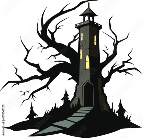 Abandoned Tower With Crooked Tree