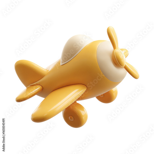 A cartoonish, light-yellow airplane, angled slightly upward, with simple, rounded features and toy-like details