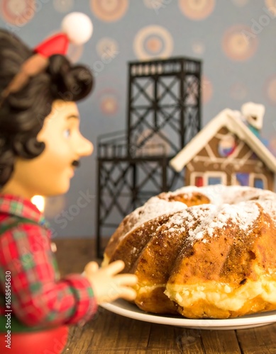 Miniature figure admiring a decorated cake