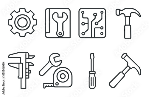 Collection of technical icons including hammer, gear, circuit, wrench, screwdriver, and caliper