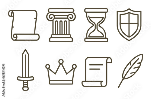 Antique icons: scroll, column, hourglass, shield, sword, crown, quill