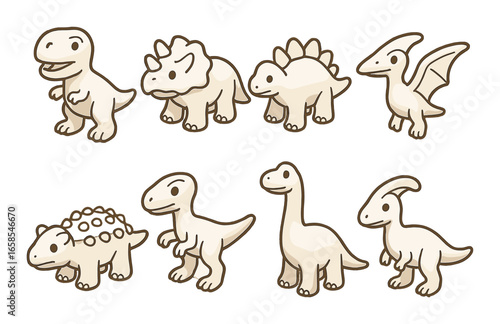 Cute cartoon dinosaurs collection: stegosaurus, triceratops, t-rex, pterodactyl, parasaurolophus