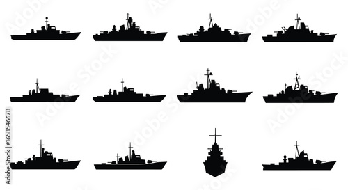 Collection of various naval ship silhouettes on a white background