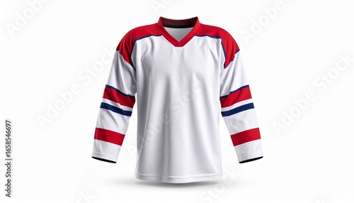 White hockey jersey with red shoulders and red-blue sleeve stripes on plain background.