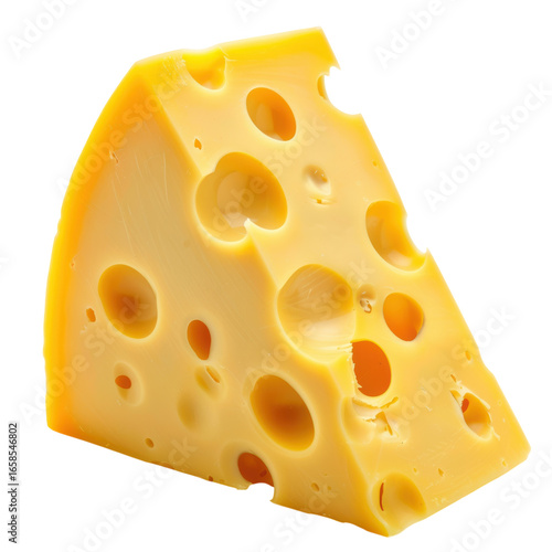 Yellow porous cheese wedge, dairy product, food photography