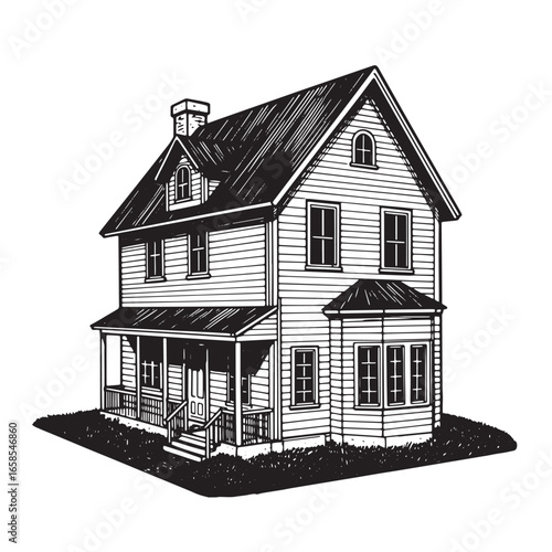 Detailed black and white illustration of a classic two story american house with porch