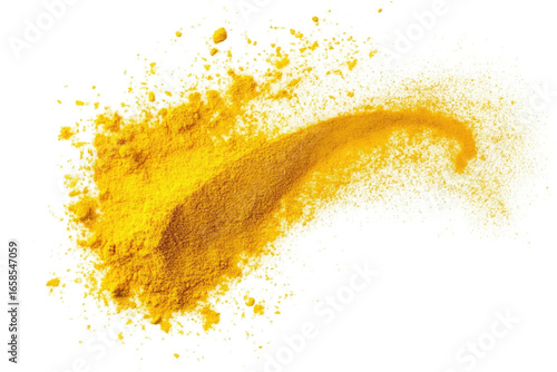 Vibrant yellow powder explosion with fine particles isolated on transparent background