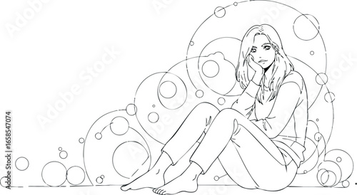 Young woman sitting surrounded by decorative bubbles in contemplative pose vector illustration 