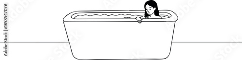 Woman relaxing in bathtub minimal line art vector illustration simple design 